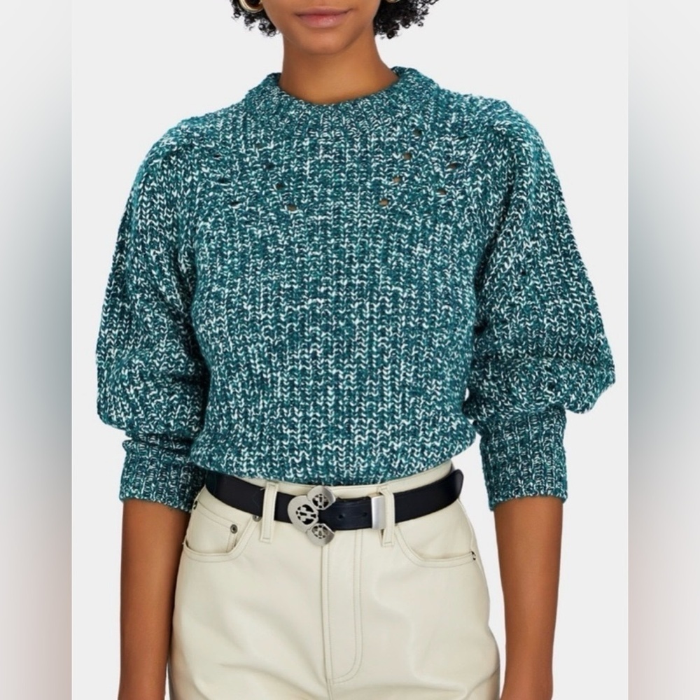 Veronica Beard Roopa Puff Sleeve Sweater Size Large GreenWhite Wool Alpaca Blend